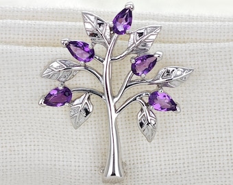 Amethyst Brooch, Tree Of Life, Sterling Silver, Purple Gemstones, Unique Mother's Day Gift