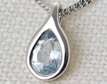 Aquamarine Necklace, Pear Pendant, Sterling Silver, March Birthstone