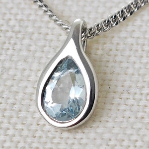 Aquamarine Necklace, Pear Pendant, Sterling Silver, March Birthstone