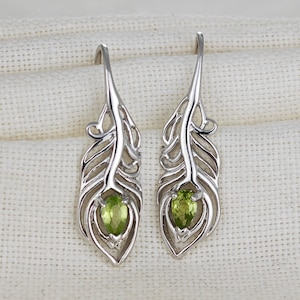 Peridot Dangle Earrings, Sterling Silver, Peacock Feather, Green, August Birthstone