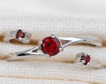 Sterling Silver Garnet Ring, Adjustable Size I-S,  US 5- 9 plus, January Birthday