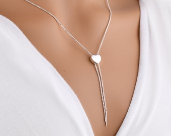 Sterling Silver Heart Necklace Lariat 26" 925 Slider Y Optional Gold Plate Finish