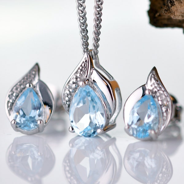Topaz Necklace Earring Set, Diamond 2ct Pear Pendant, Sterling Silver, December Birthstone