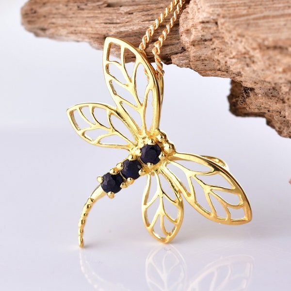 Sapphire Dragonfly Necklace, Yellow Gold Plated Sterling Silver, 0.3ct Natural Inky Blue Pendant,  18" Chain, September Birthstone