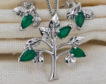 Onyx groene ketting oorbellen set levensboom sterling zilver