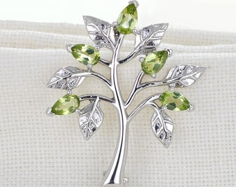 Peridot Brooch Tree Of Life, Sterling Silver, Natural Green Gemstones, Unique Mother's Day Gift