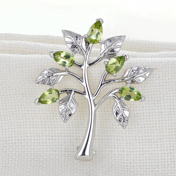 Broche péridot arbre de vie, argent sterling, pierres précieuses vertes naturelles, cadeau unique pour la fête des mères