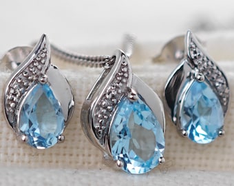 Topaz Necklace Earring Set, Diamond 2ct Pear Pendant, Sterling Silver, December Birthstone