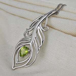 Peridot Necklace, 1ct Peacock Green Pendant, Sterling Silver, August Birthstone, Feather, Statement