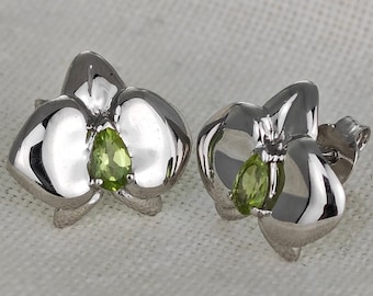 Peridot Earrings 0.5ct Stud, Sterling Silver 925, Aphrodite Orchid Flower , Natural Green Pear Stones, August Birthstone