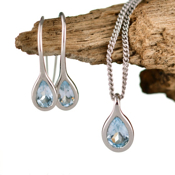 Topaz Necklace, Earring Set 1ct Pear Blue Pendant, Sterling Silver, December Birthstone