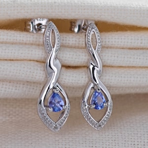 Tanzanite Earrings, Drop Stud Sterling Silver, Diamond Eternal Twist, December Birthstone