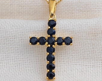 Sapphire Necklace, Yellow Gold Plated Sterling Silver, 1.65ct Natural Inky Blue Cross Pendant, 18'' Chain