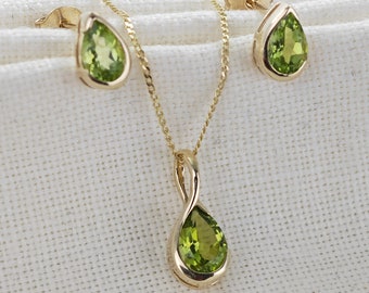 9ct Gold Peridot Set, Earrings Pendant, Green Pear Solitaire