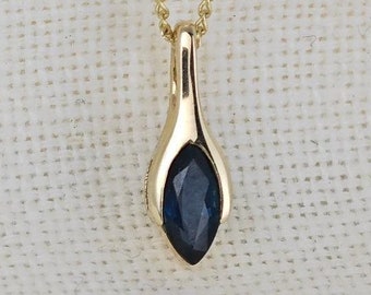 9ct Blue Sapphire Necklace, Yellow Gold Minimalist Marquise