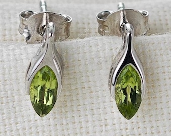 Peridot Earrings Sterling Silver SMALL Studs Minimalist Marquise