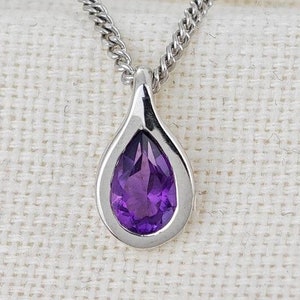 Amethyst Necklace, 0.35ct Pear Purple Pendant, Sterling Silver, February Birthstone