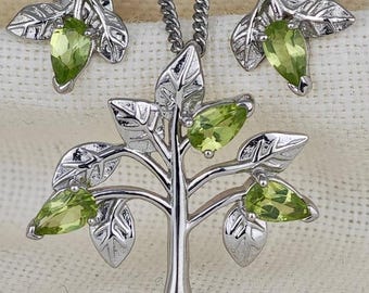 Peridot Tree of Life Necklace & Earrings Set: Sterling Silver August Birthstone