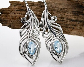 Sterling Silver Topaz Earrings Dangle Peacock Feather Hook December Birthstone