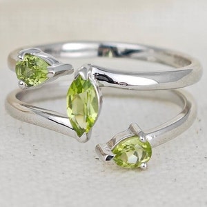 Peridot Ring, Sterling Silver, Adjustable, Marquise Trilogy