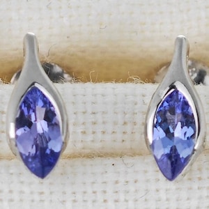 Tanzanite Earrings Sterling Silver Studs Small Blue Minimalist Marquise