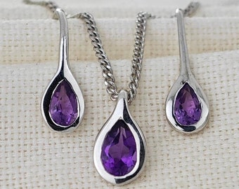 Amethyst Necklace Earring Set, 0.75ct Pear Purple Pendant and dangle hook earrings, Sterling Silver