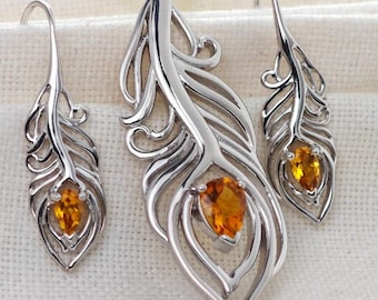 Sterlingzilveren citrien set statement ketting hangoorbellen pauwenveer geboortesteen november