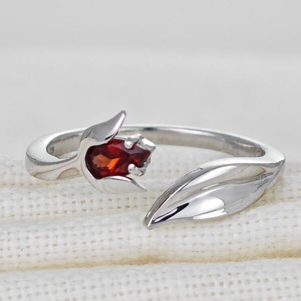 Granaat Tulp Ring Sterling Zilver Verstelbaar