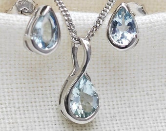 Aquamarine Necklace Set Sterling Silver Infinity Loop Pendant Stud Earrings