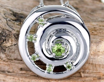 Peridot Green Statement Necklace, Ammonite Pendant, Sterling Silver, August Birthstone