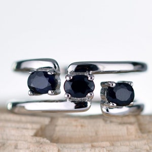 Sterling Silver Sapphire Ring, Adjustable Size I-S, US 5-9 plus, Oval Trilogy, Ink Blue, September Birthday