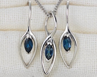 Blue Topaz Set, Earrings Pendant, Sterling Silver, Natural Marquise Gemstone, Infinity Loop