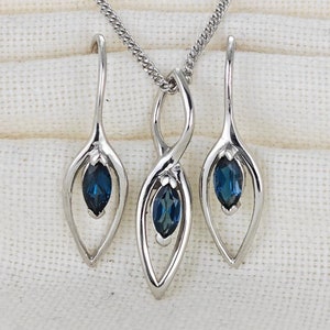 Blue Topaz Set, Earrings Pendant, Sterling Silver, Natural Marquise Gemstone, Infinity Loop
