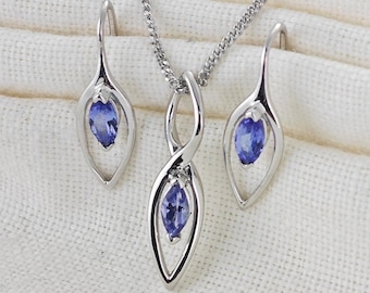 Conjunto de tanzanita, collar y pendientes de plata de ley con colgante de marquesa azul intenso.