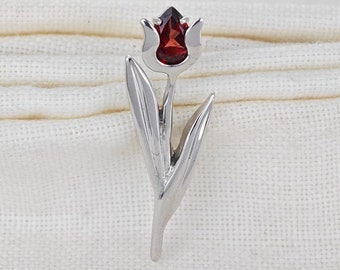 Broche de tulipán de plata de ley con piedra preciosa de granate rojo natural, regalo único para el Día de la Madre