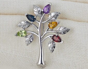 Levensboom Broche Sterling Zilver Edelsteen Elementen Boxed Gift, Uniek Moederdag Cadeau