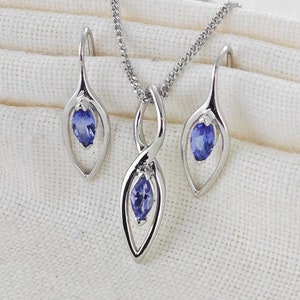 Tanzanite Set, Necklace Earrings, Sterling Silver, Vivid Blue Marquise Dangle