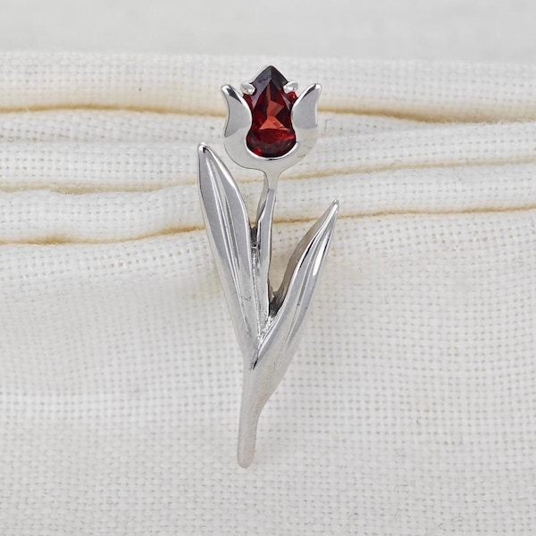 Sterling Silver Tulip Brooch Natural Red Garnet Gemstone, Unique Mother's Day Gift