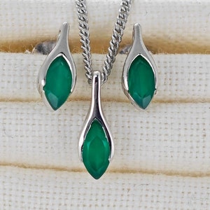 Onyx Green Set Sterling Silver Necklace Stud Earrings Minimalist Marquise Gemstone