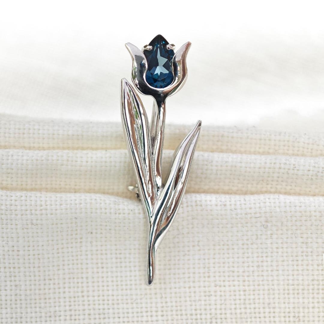 London Blue Topaz Brooch Sterling Silver Tulip, Unique