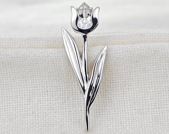 Tulip Flower Brooch Sterling Silver White Topaz Boxed Gift, Unique Mother's Day Gift