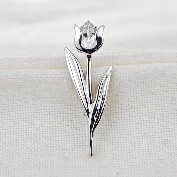 Tulip Flower Brooch Sterling Silver White Topaz Boxed Gift, Unique
