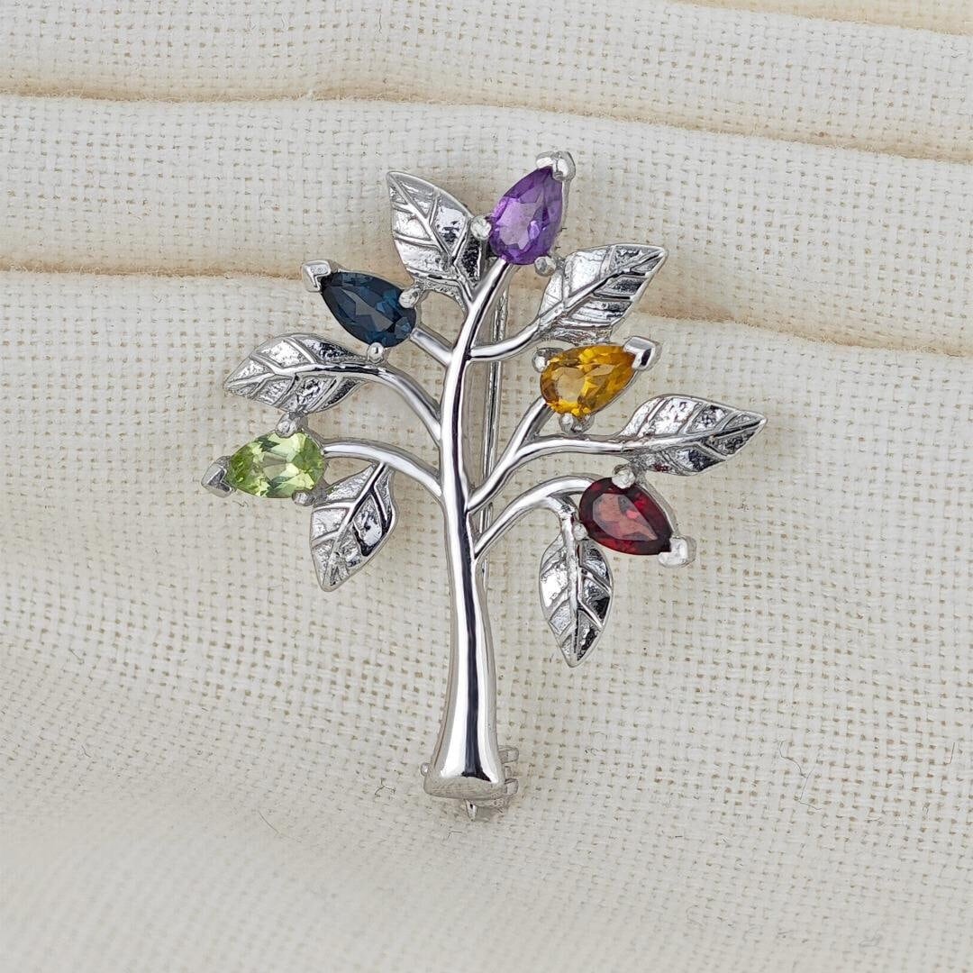 Tree Of Life Brooch Sterling Silver Gemstone Elements Boxed Gift, Unique Mother's Day Gift