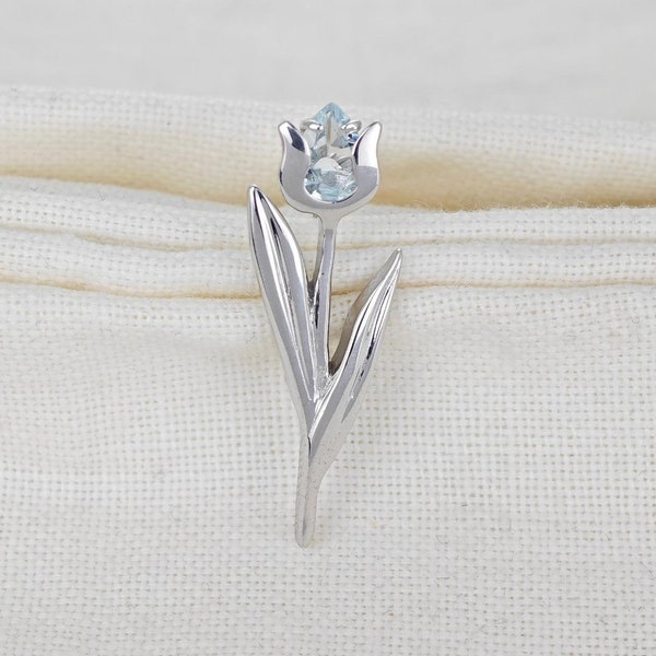 Sterling Silver Tulip Brooch Aquamarine Natural Blue Gemstone, Unique Mother's Day Gift