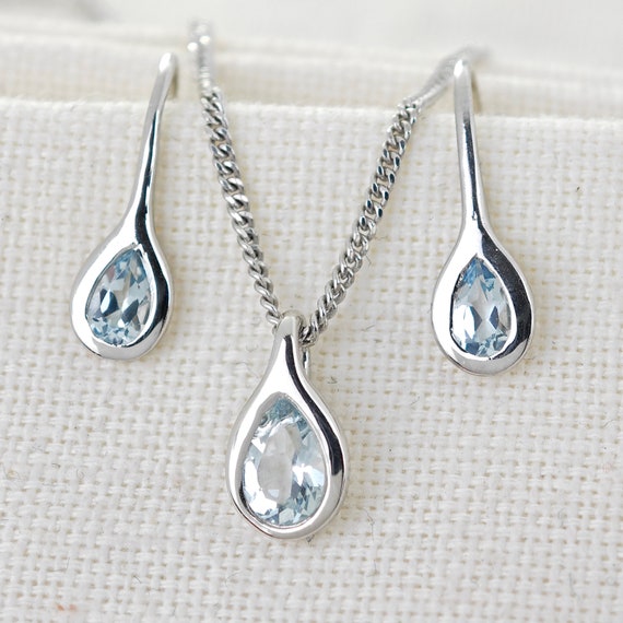 Aquamarine Necklace Earring Set, Sterling Silver, March Birthstone