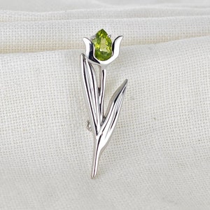 Peridot Brooch Sterling Silver Tulip, Unique Mother's Day Gift
