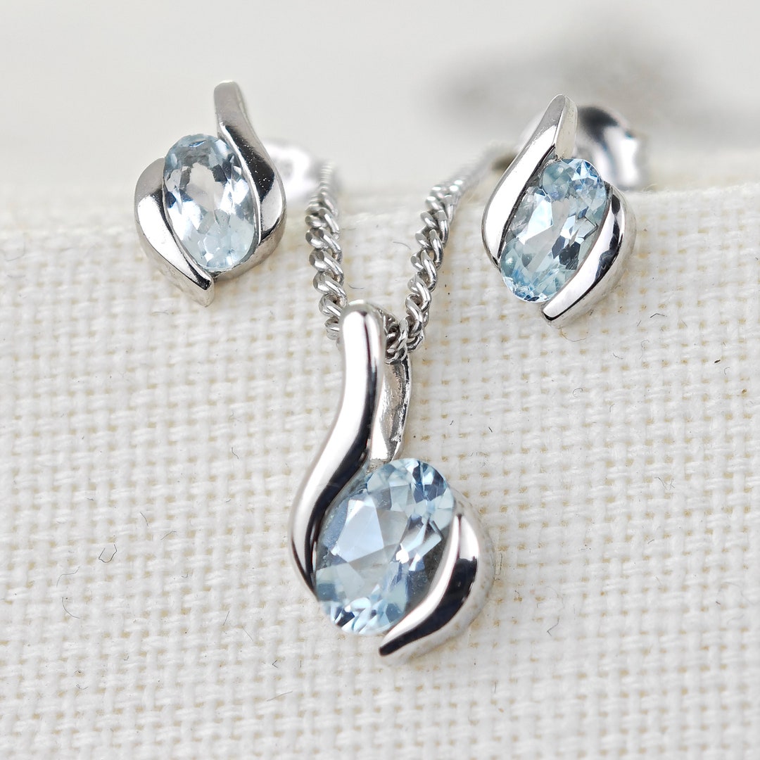 Aquamarine Sterling Silver Necklace Earring Set, Oval, March
