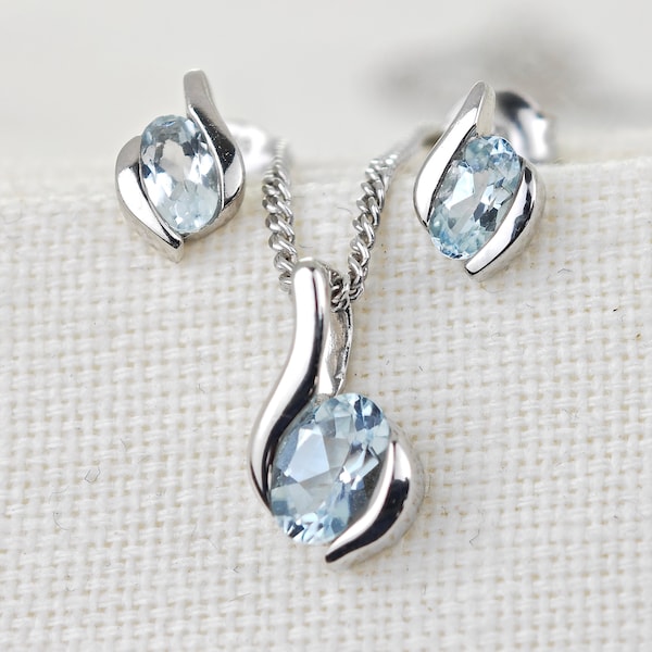 Aquamarine Sterling Silver Necklace Earring Set, Oval, March Birthstone