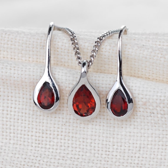 Garnet Necklace Earring Set 0.9ct Pearred Pendant Sterling Silver