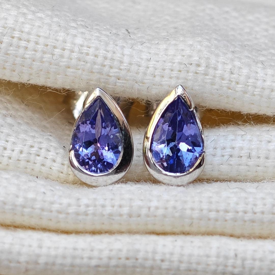 9ct White Gold Tanzanite Earrings, Natural Blue Gemstone Studs Etsy UK